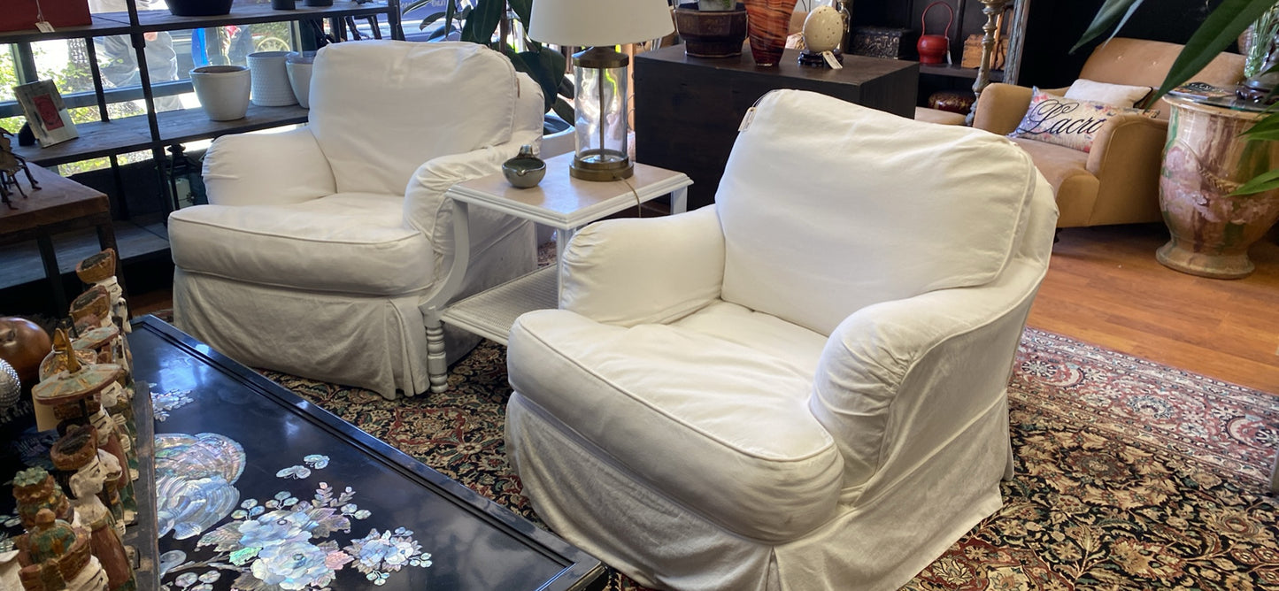 Pair; White Overstuffed Arm Chairs