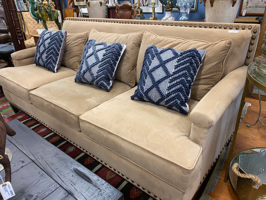 82' brown ultra suede 3 seat couch w/nailheads