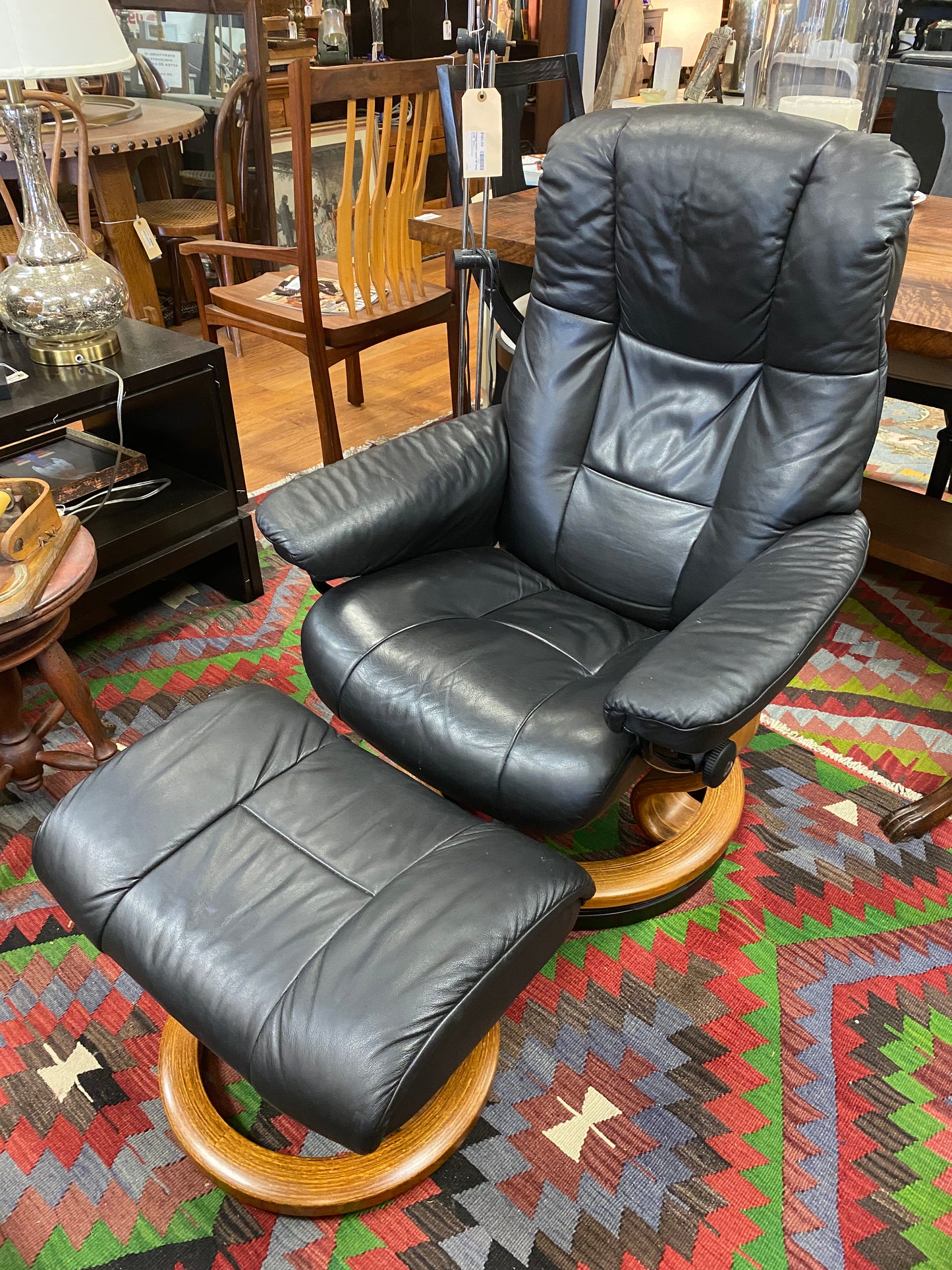 Black leather & teak recliner by STRESSLESS (Ekornes)