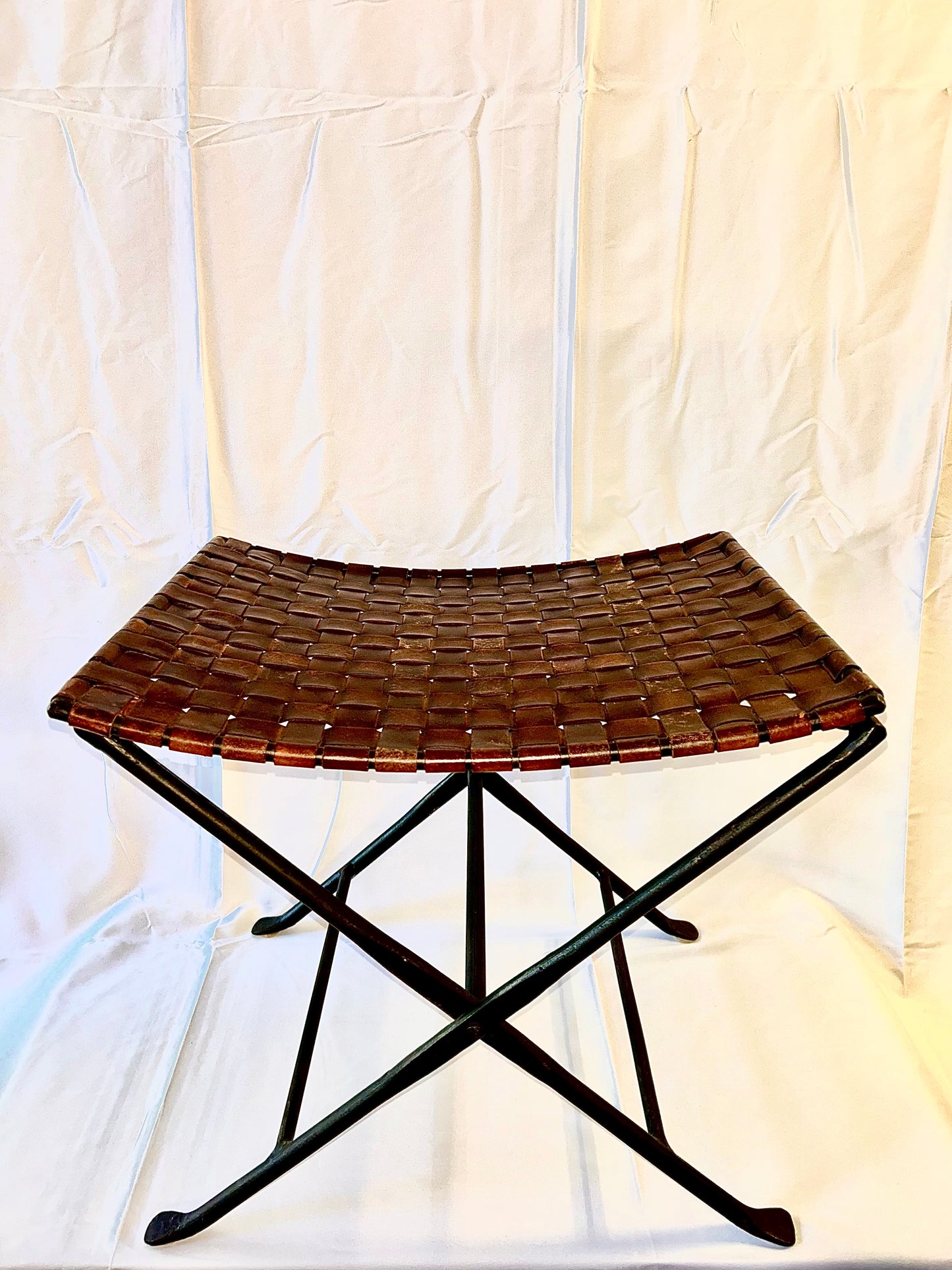 Vintage Italian Leather and Metal Folding Stool