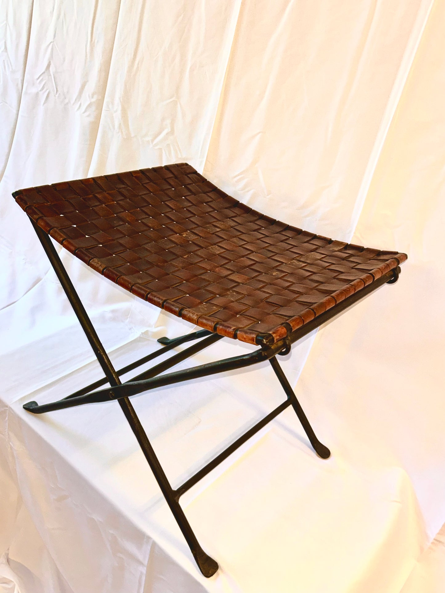 Vintage Italian Leather and Metal Folding Stool