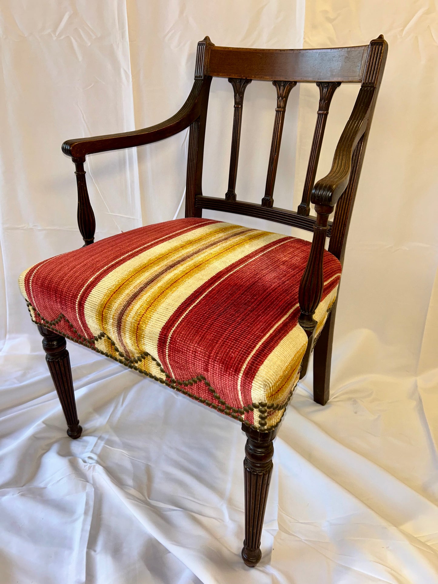 Vintage Walnut Chair with Red/gold Striped Seat