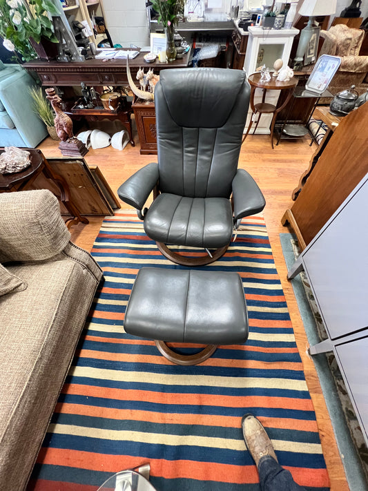 Gray Leather Stressless Chair & Ottoman