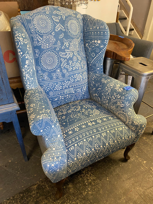 Wing Back Chair, Blue Batik Fabric